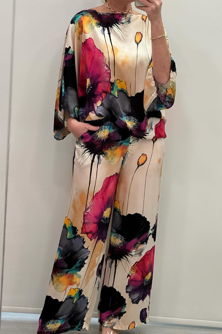 Livia - Casual Round Neck Printed Satin Suit