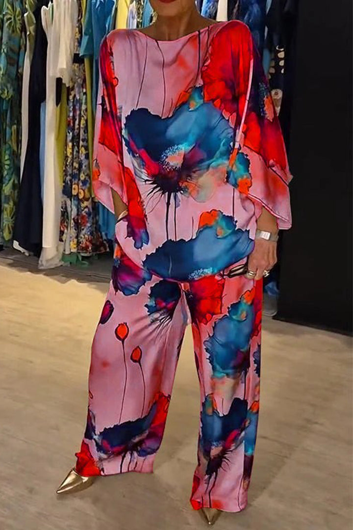 Livia - Casual Round Neck Printed Satin Suit