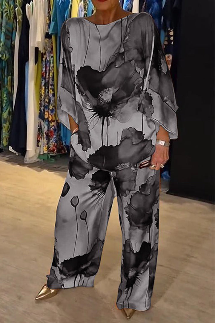 Livia - Casual Round Neck Printed Satin Suit