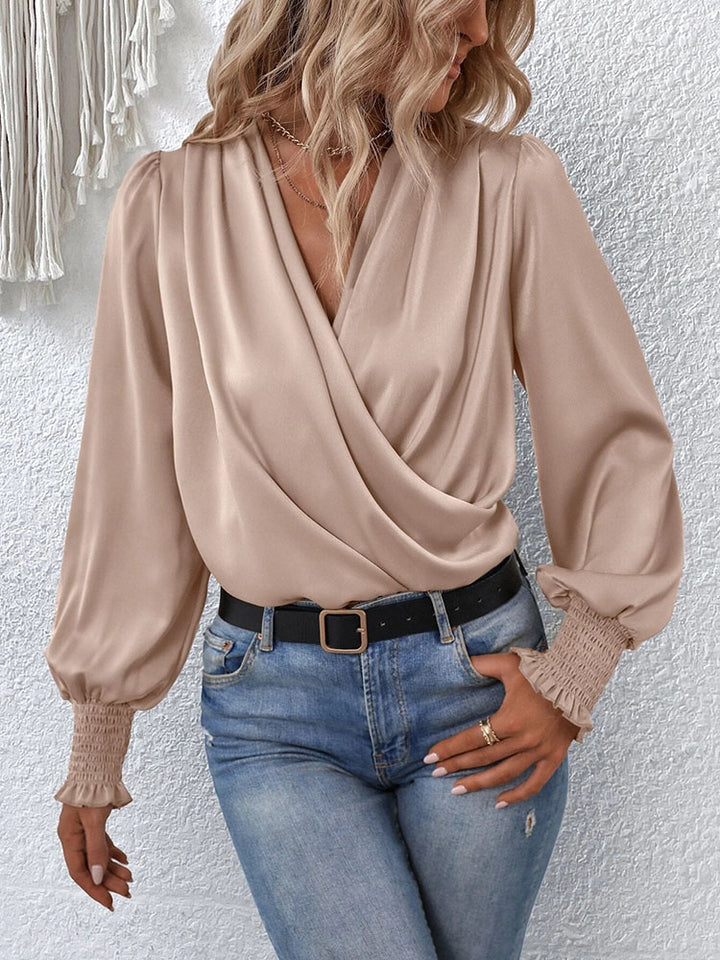 Citrine V-Neck Elegant Plain Blouse with Balloon Sleeves