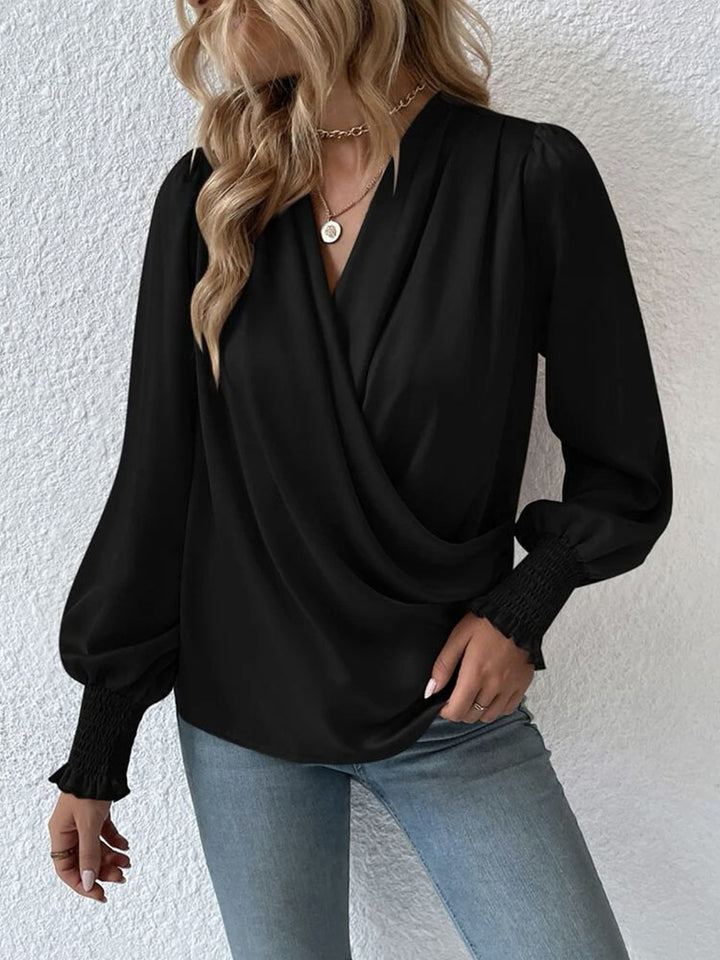 Citrine V-Neck Elegant Plain Blouse with Balloon Sleeves