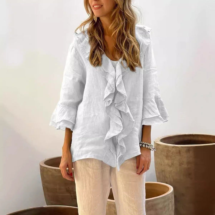 Emma Ruffled Cotton Linen 3/4 Sleeves Shirt