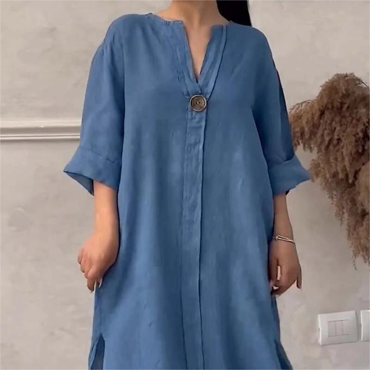 Sabrina - Casual, Breathable Solid Colour Dress with 3/4 Sleeves and V-Neck